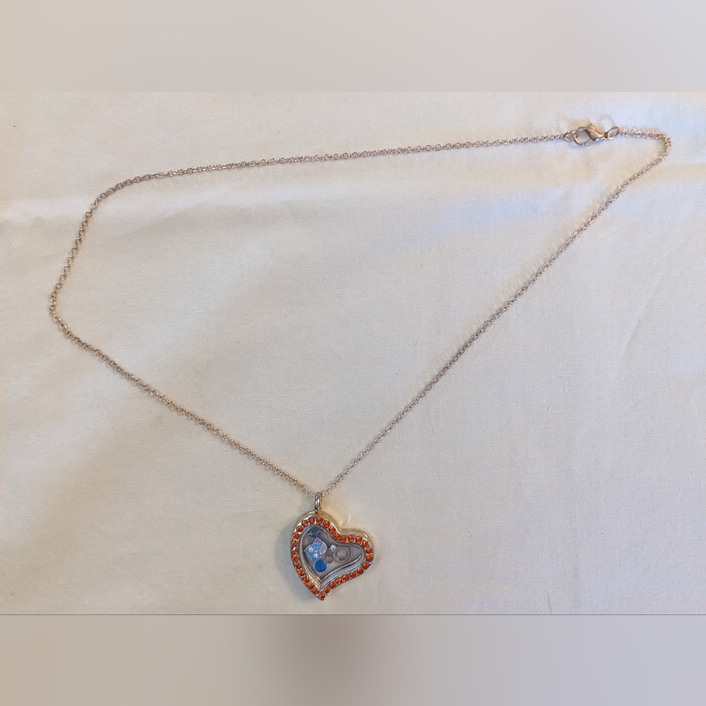 Floating Charm Locket Necklace Orange Rhinestone Memory Pendant Gold Tone T5B8E - Picture 3 of 3
